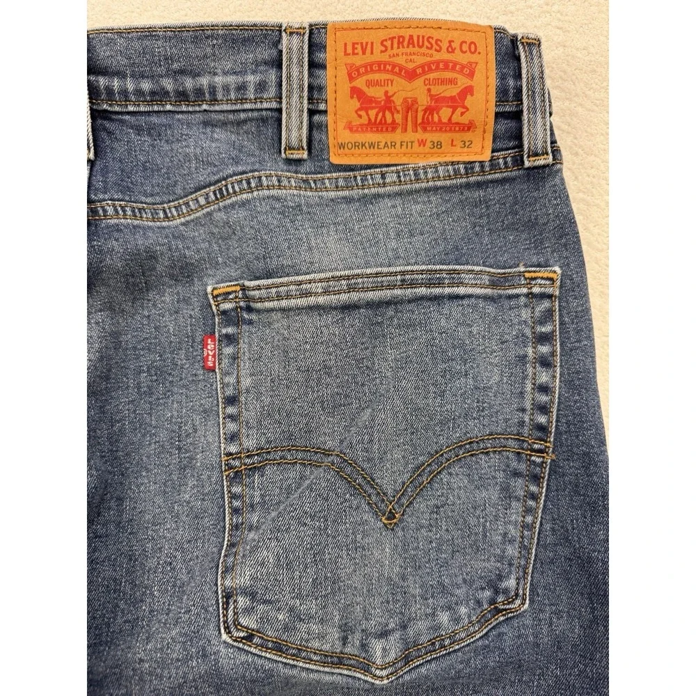 Levis Workwear Fit Jeans Men 38x32  Blue Straight Whisker Distress Stretch Denim